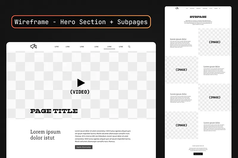 White and grey wireframes of a hero section and structure of subpage.