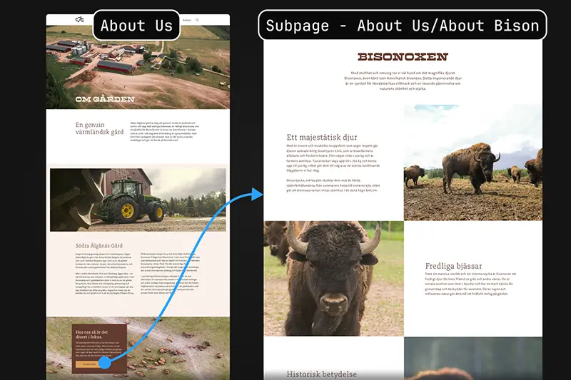 Hi fi mockup of the website showing "About Us" page and "Our Bison" subpage.