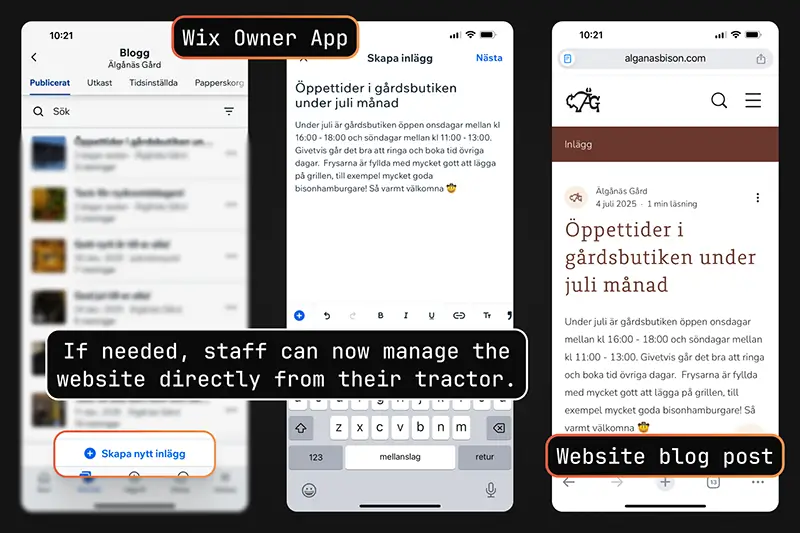 Showing how the blog posts can be managed through the Wix Owner app.