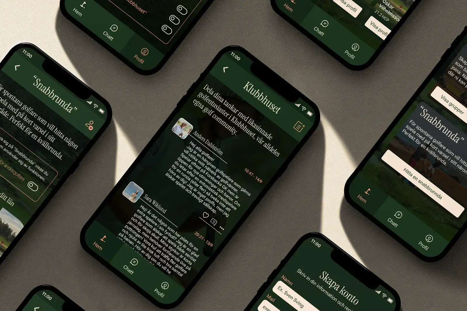 Multiple smartphones displaying a dark-themed app interface with text, profiles, and icons in Swedish, arranged diagonally on a beige surface with light and shadow.