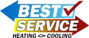 Best Service Heating and Cooling logo with blue and red arrows and a red check mark.