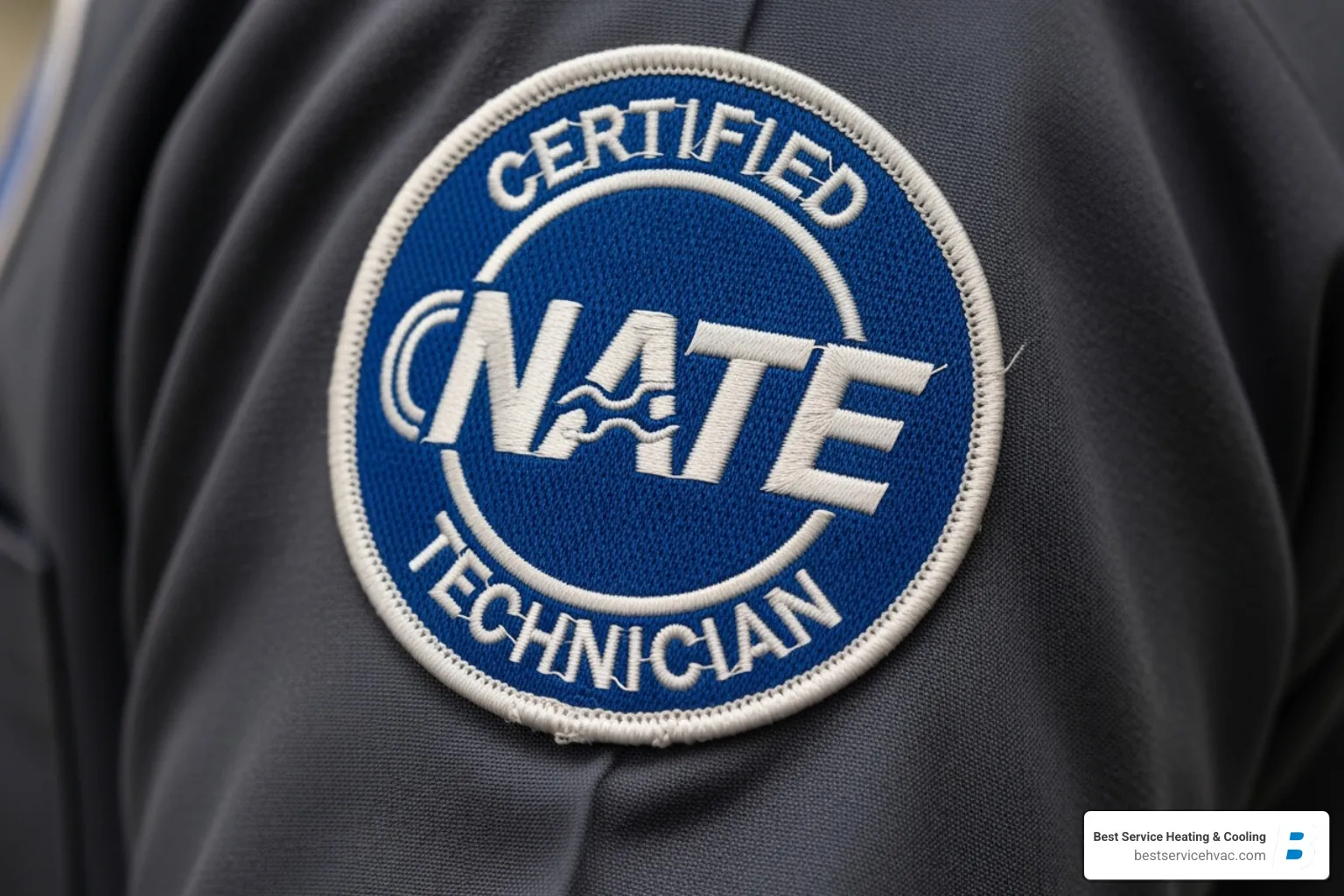 Close-up image of a NATE certification patch on a technician's uniform - columbus heat pump experts