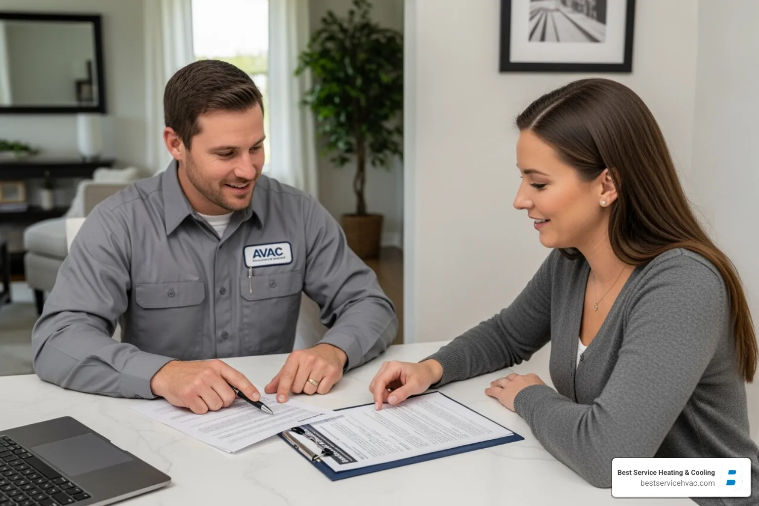 Image of a homeowner reviewing financing options with a friendly HVAC technician - columbus heat pump experts