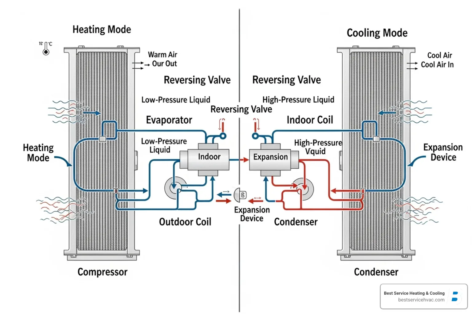 Diagram illustrating the refrigerant cycle for both heating and cooling in a heat pump system - columbus heat pump experts