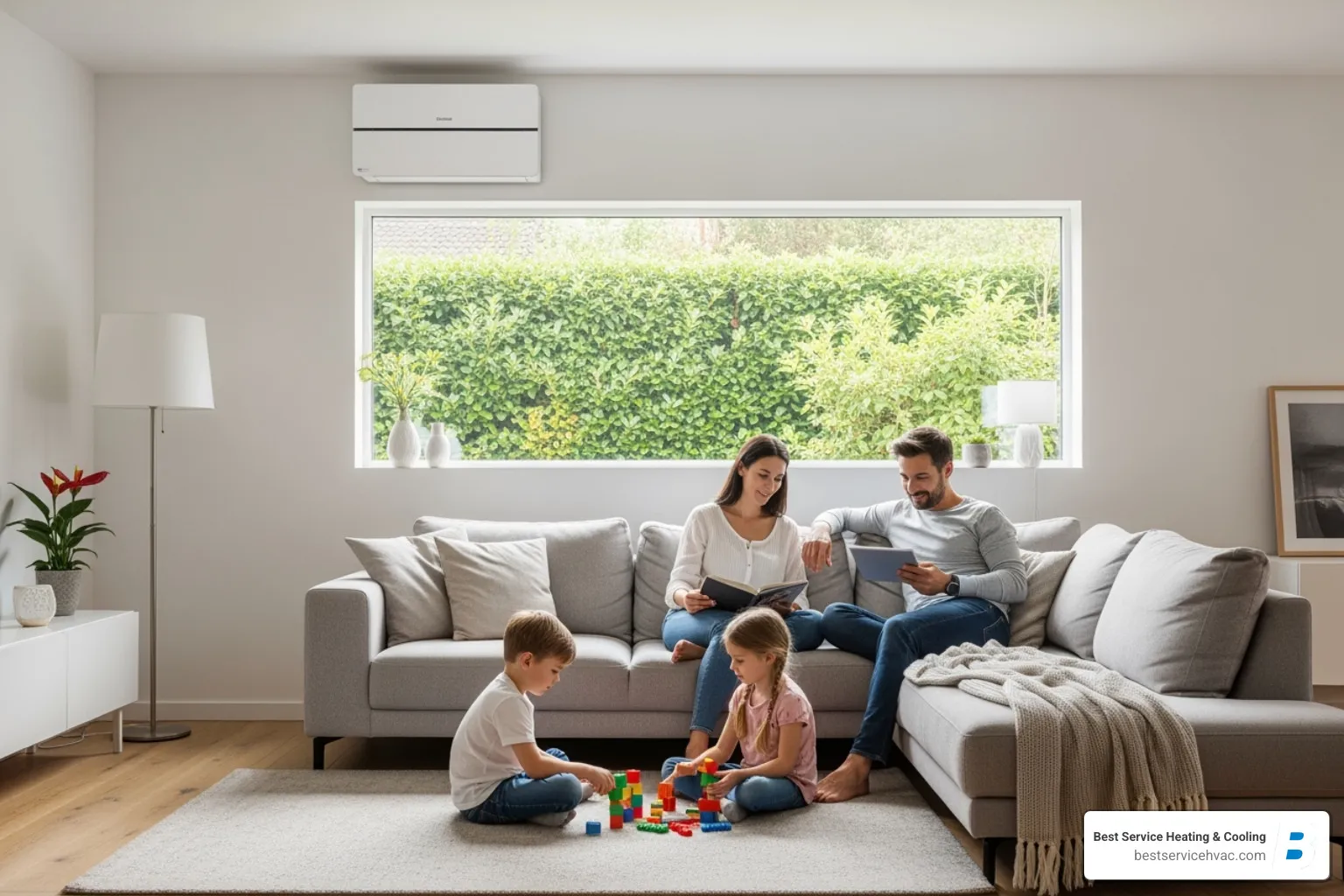 Family comfortably enjoying a living room with a discreet ductless unit mounted on the wall - central ohio ductless hvac