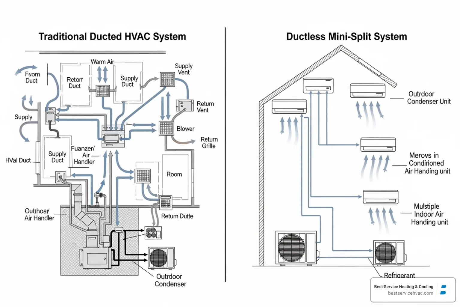 Side-by-side comparison of a traditional ducted HVAC system diagram and a ductless mini-split system diagram - central ohio ductless hvac