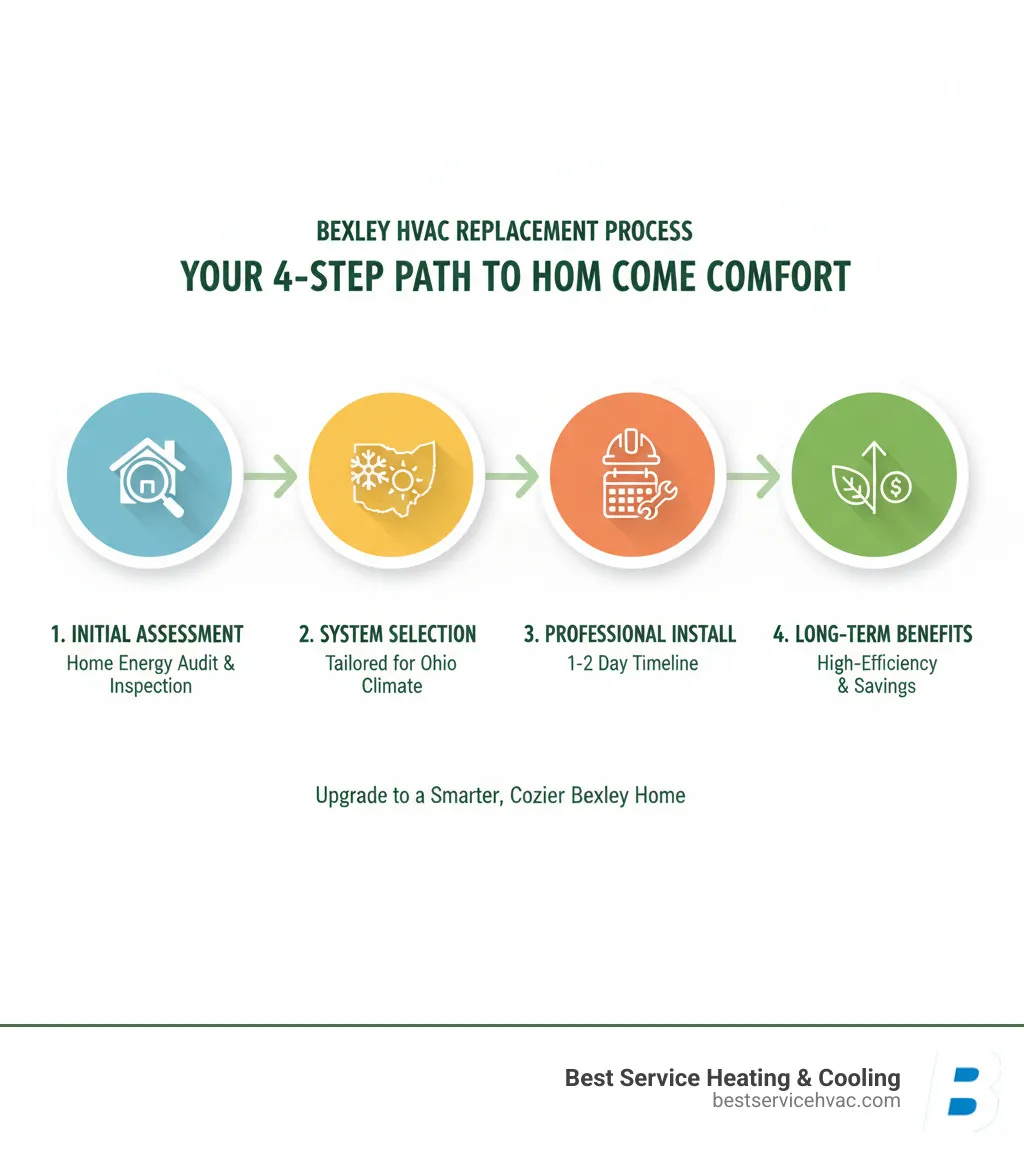 Infographic showing the step-by-step process of HVAC system replacement in Bexley, including initial assessment, system selection based on Ohio climate needs, professional installation timeline, and long-term benefits of upgraded high-efficiency systems - bexley hvac system replacement infographic 