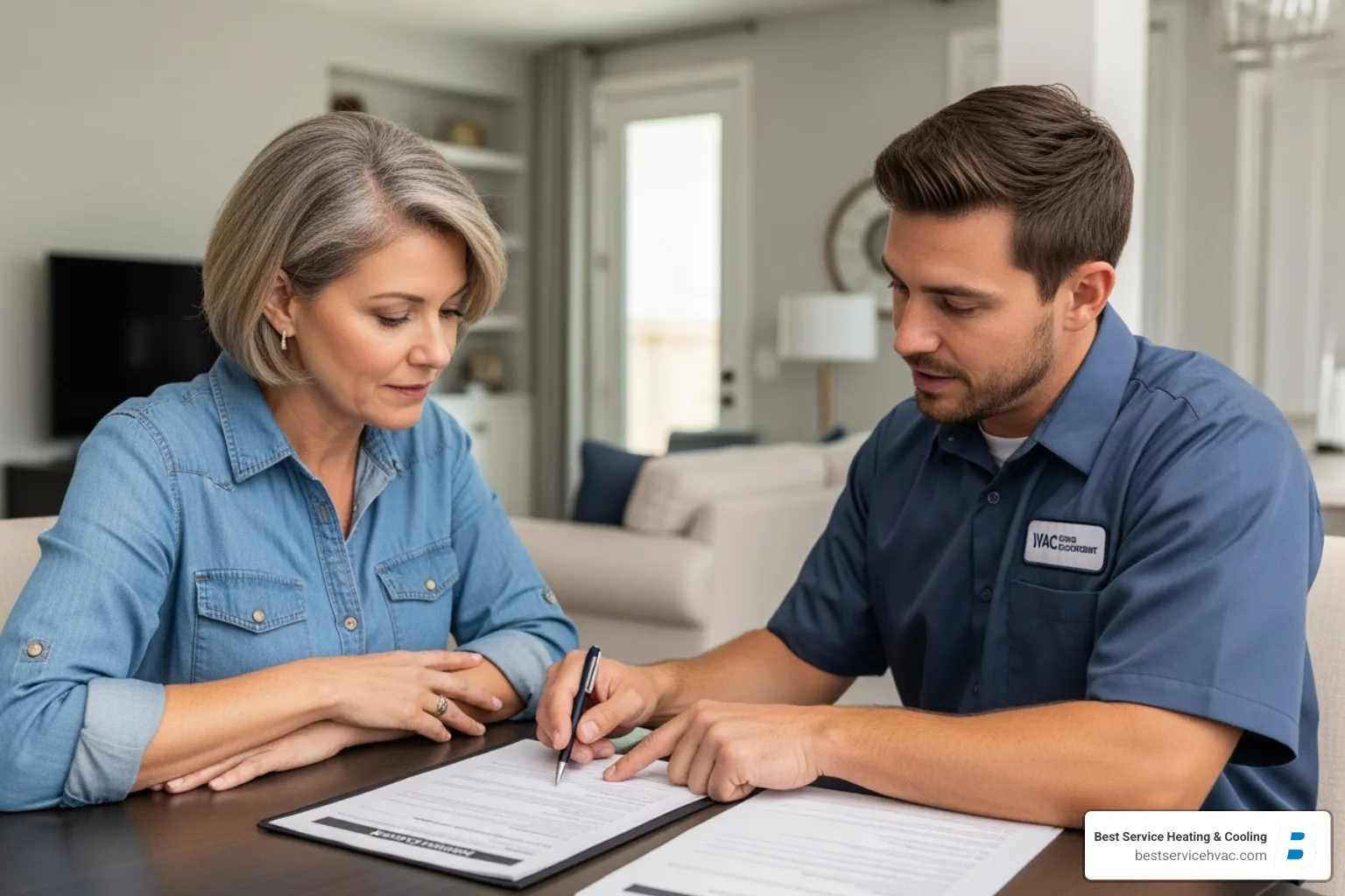 Homeowner reviewing HVAC replacement documents with technician - bexley hvac system replacement