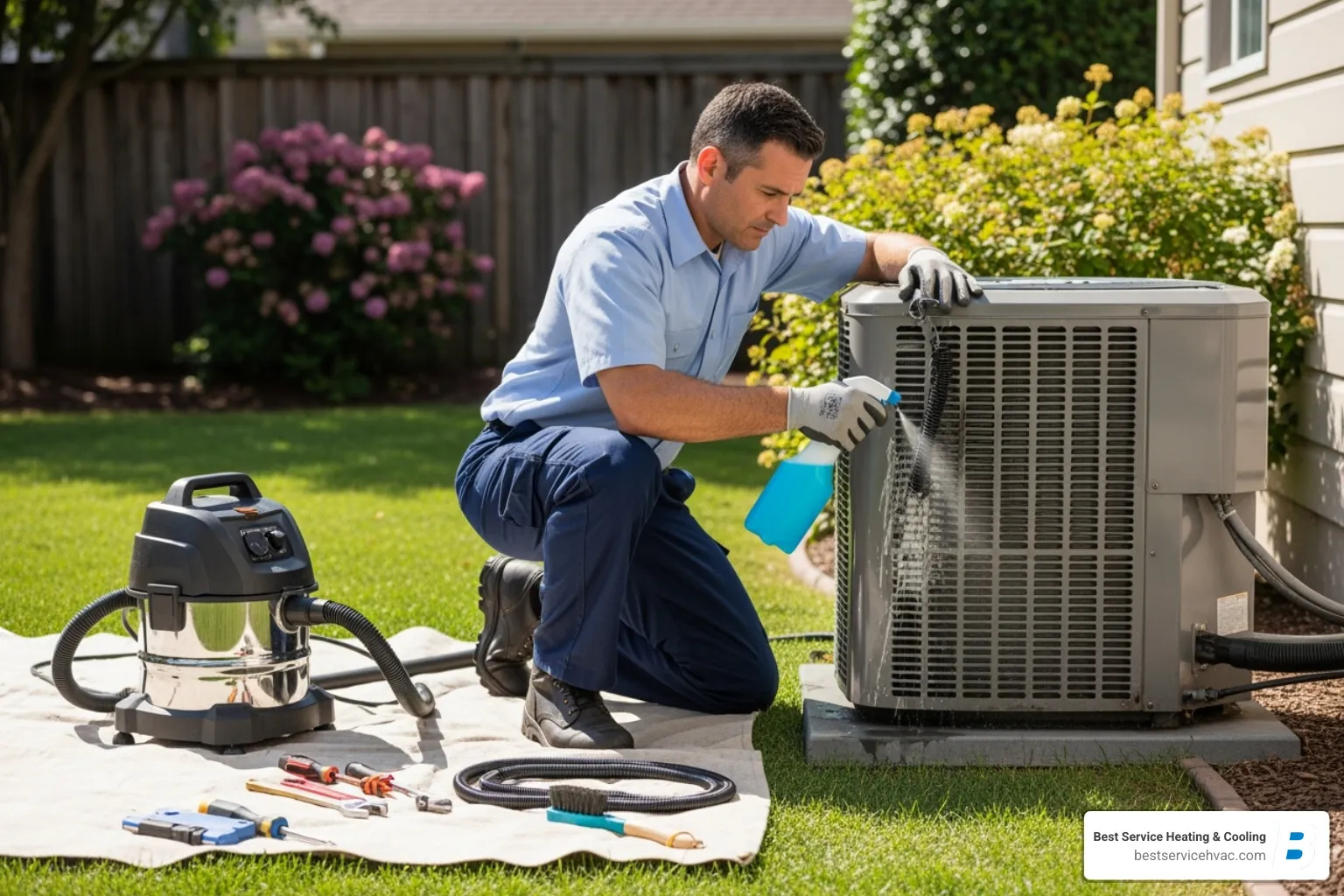 A technician cleaning an outdoor AC unit - columbus hvac preventative service