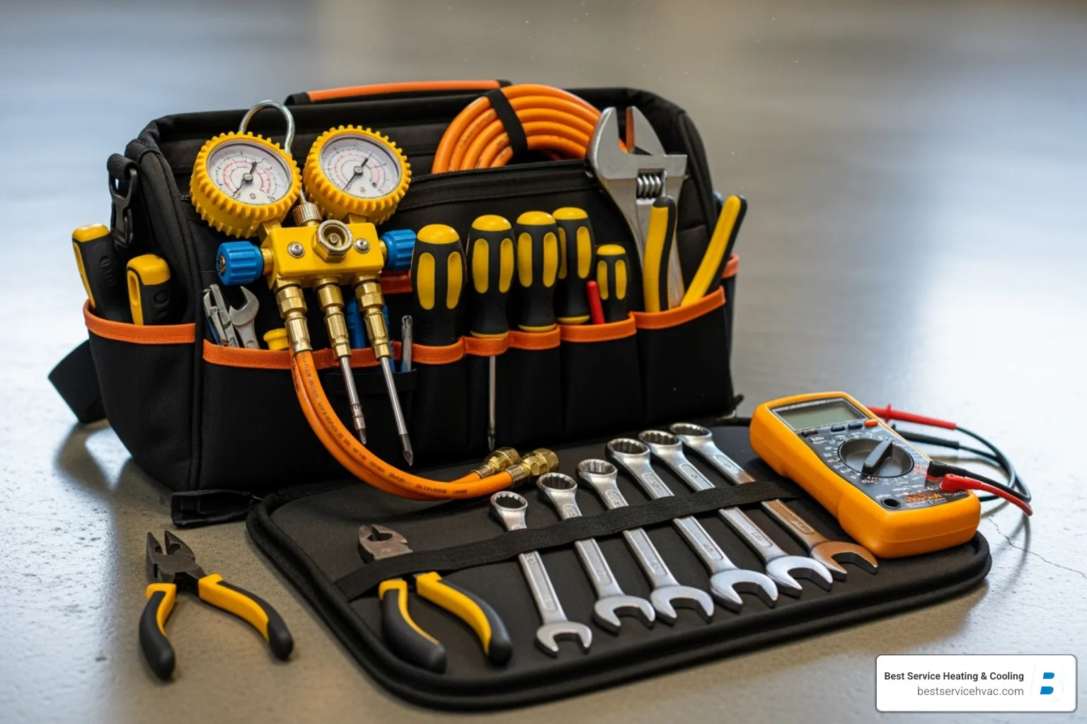 A technician's tool bag with gauges and tools - columbus hvac preventative service