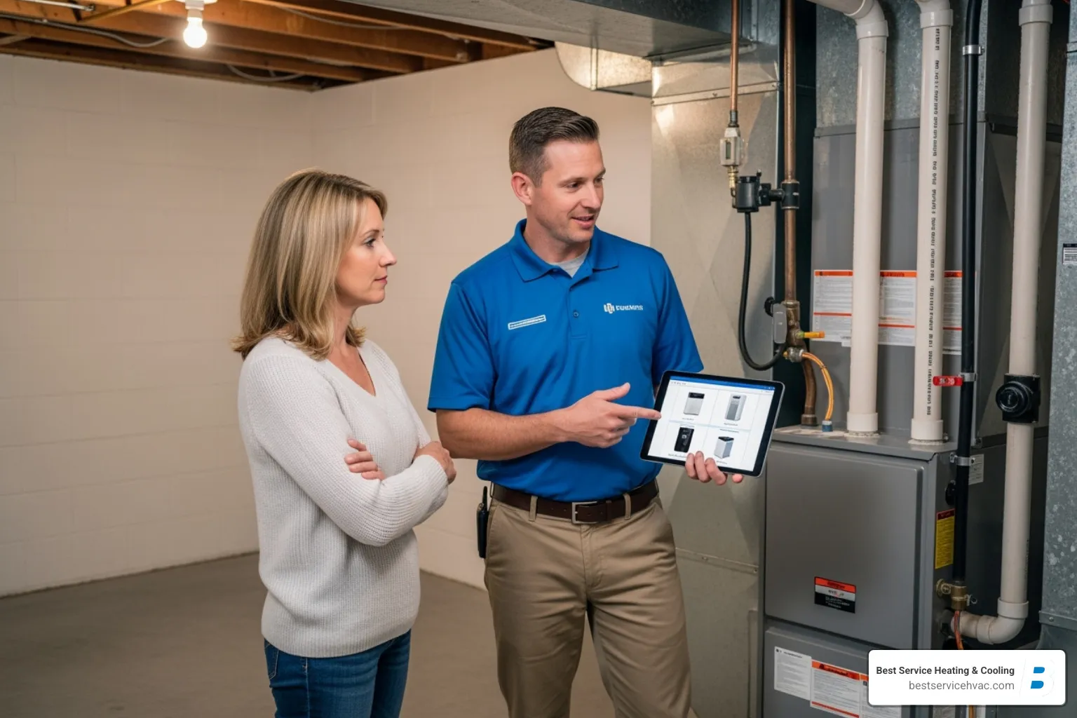 Technician discussing air purifier options with a homeowner in a basement near an HVAC unit - columbus whole house air purifier