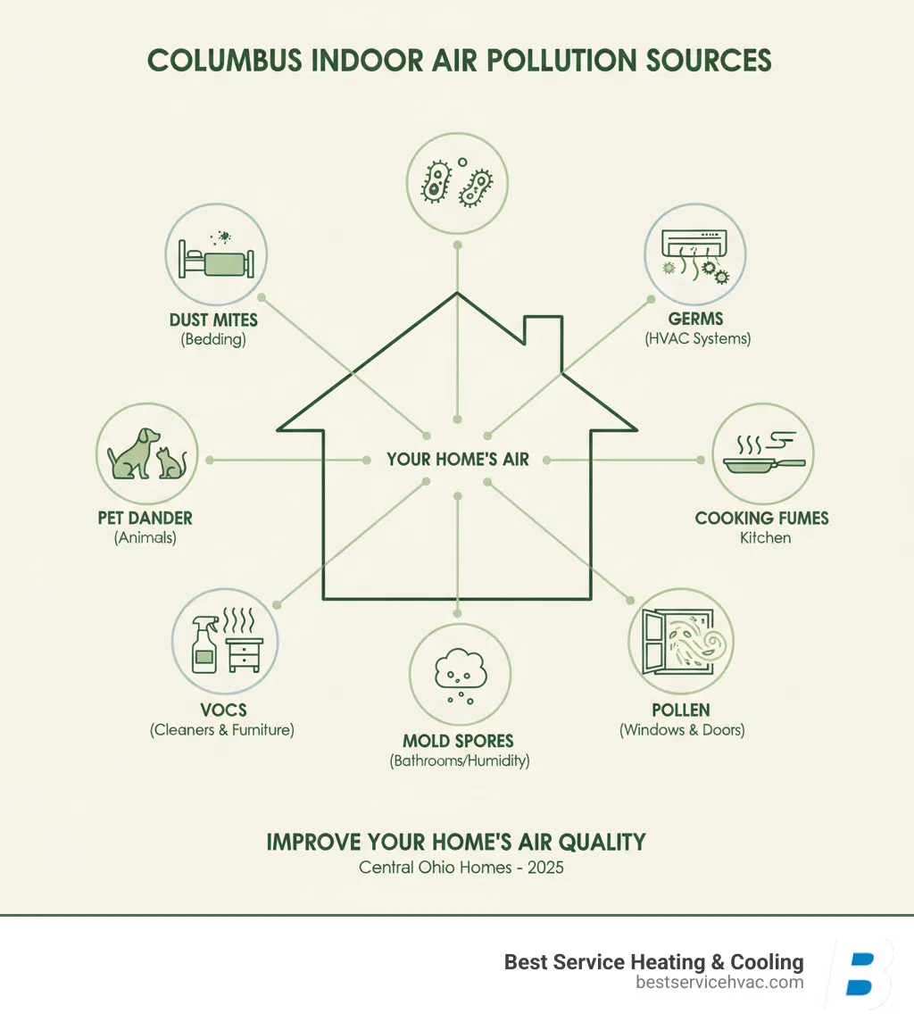 Detailed infographic showing common sources of indoor air pollution in Columbus homes including dust mites from bedding, pet dander from animals, VOCs from cleaning products and furniture, mold spores from humid areas like bathrooms, pollen entering through windows and doors, cooking fumes from kitchen, and bacteria and viruses circulating through HVAC systems - columbus whole house air purifier infographic