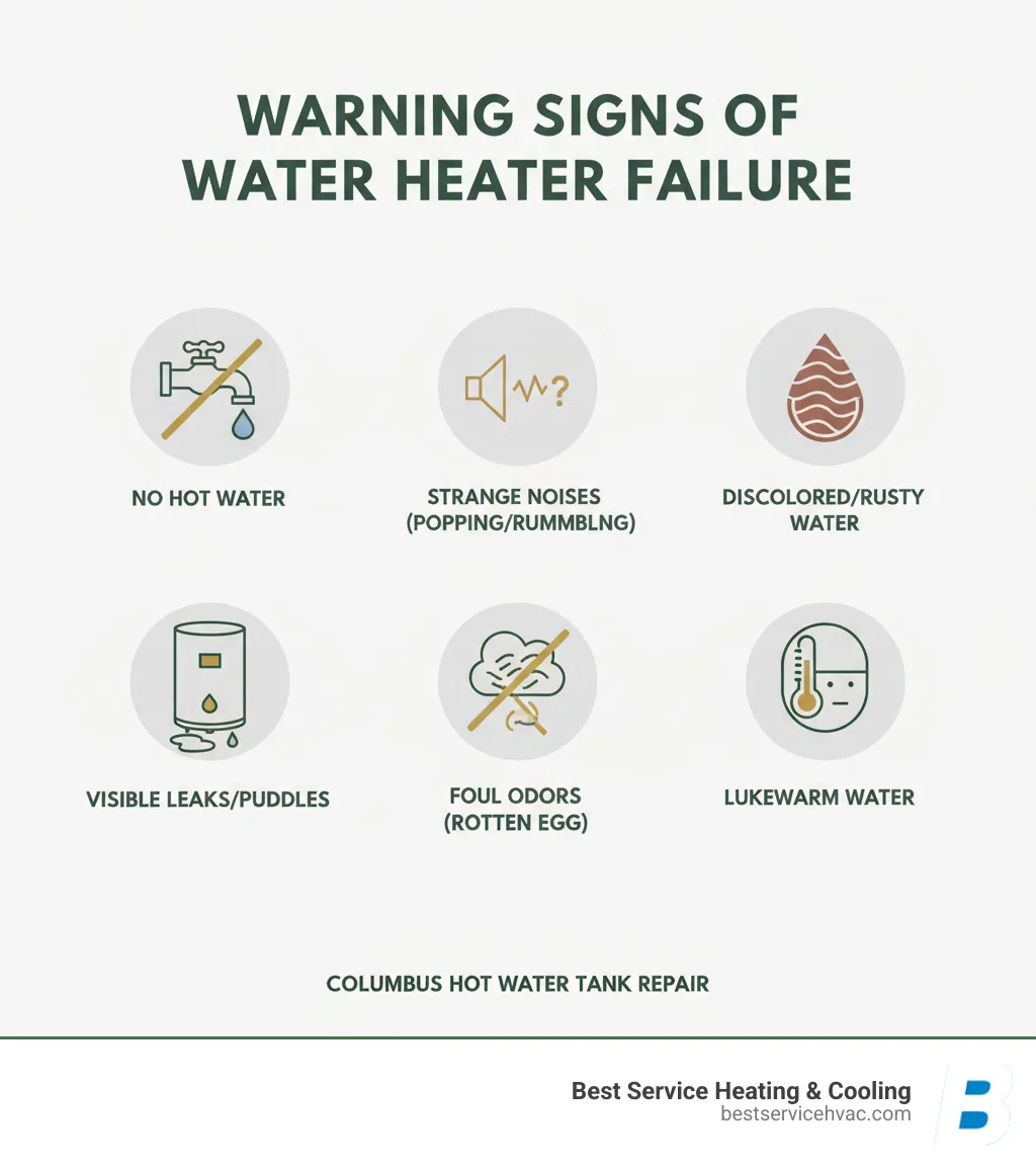 Infographic showing warning signs of water heater failure including no hot water, strange noises like popping and rumbling, discolored or rusty water coming from taps, visible leaks or puddles around the unit base, foul odors especially rotten egg smell, and lukewarm water instead of hot water - columbus hot water tank repair infographic 
