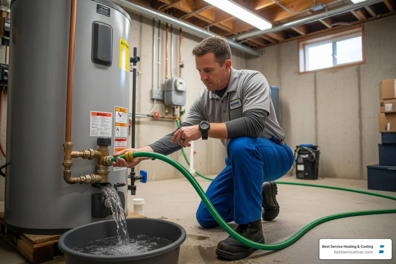 technician performing maintenance (flushing a tank) - columbus hot water tank repair
