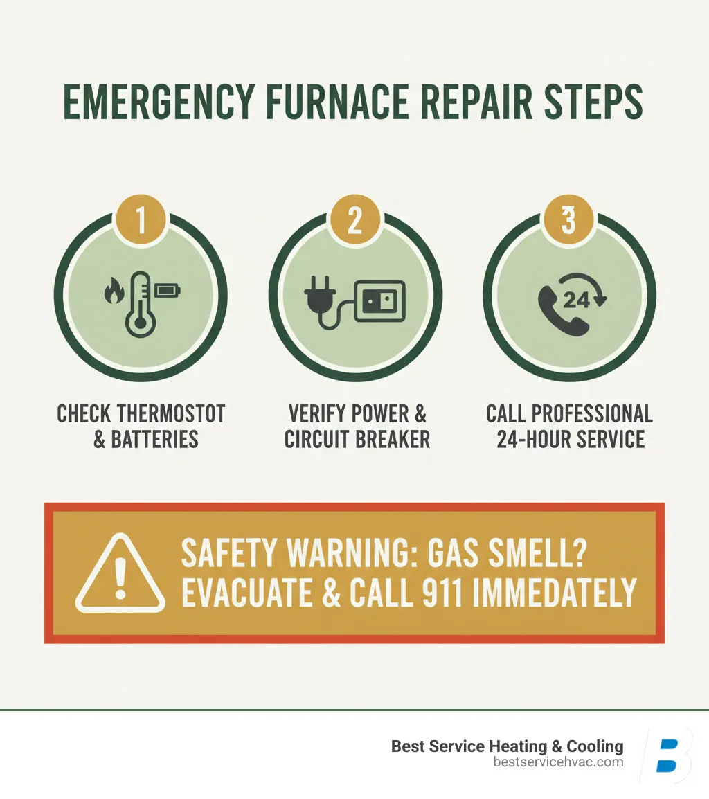 Infographic showing emergency furnace repair steps: 1. Check thermostat settings and batteries, 2. Verify circuit breaker and furnace power switch are on, 3. Call professional 24-hour service if problem persists, with safety warning to evacuate immediately if gas smell is detected - columbus 24 hour furnace repair infographic 