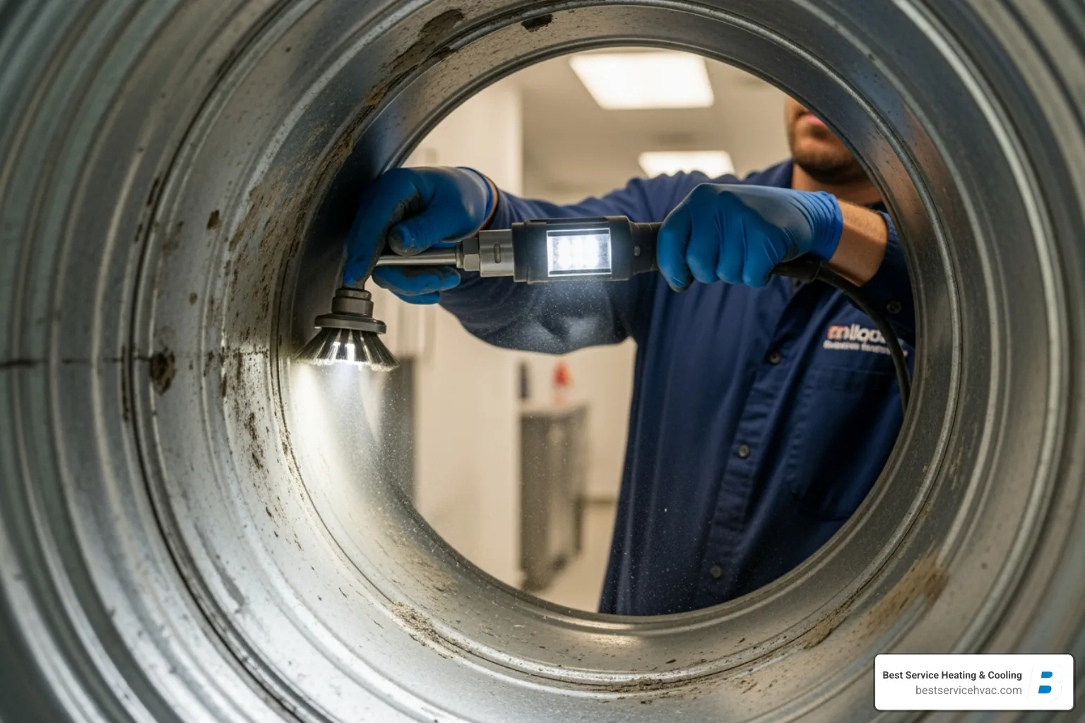 uniformed technician using a professional rotary brush inside a duct - air duct cleaning service central ohio