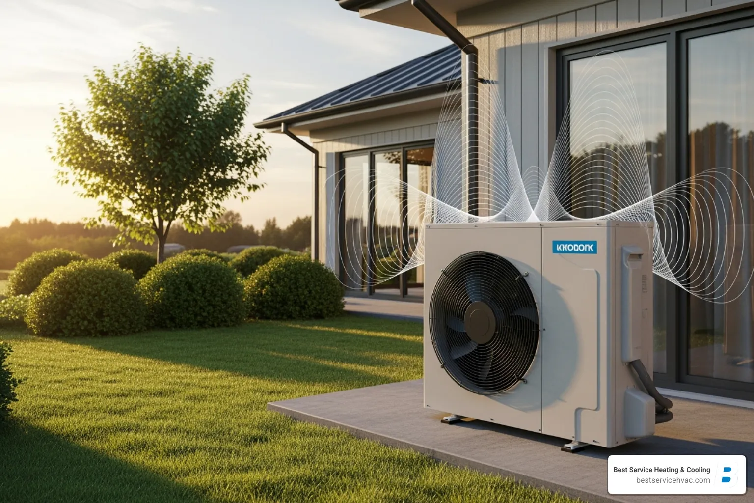a heat pump's outdoor unit with sound wave graphics indicating noise - central ohio heat pump repair near me