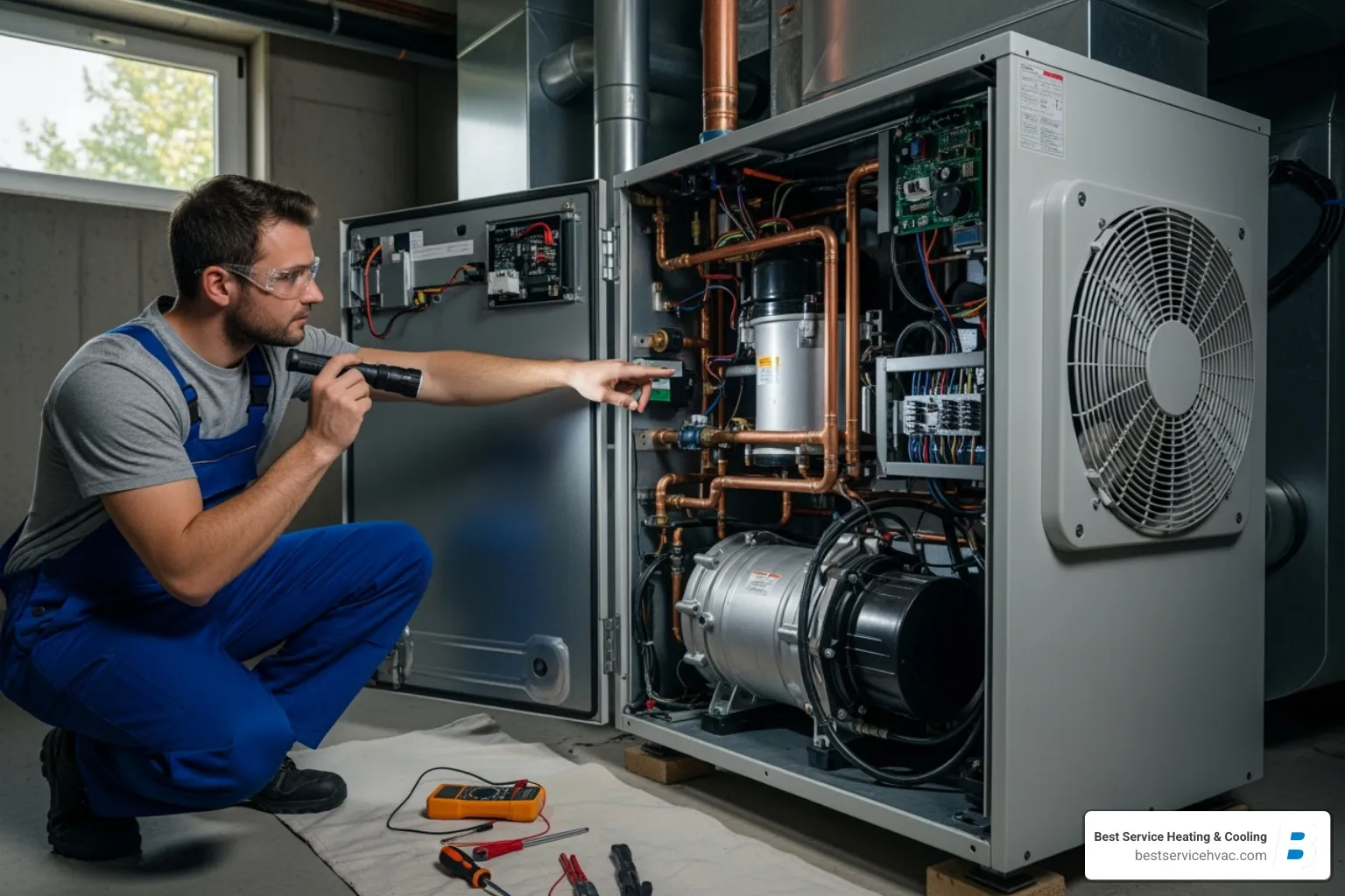 a technician inspecting a heat pump's internal components - central ohio heat pump repair near me