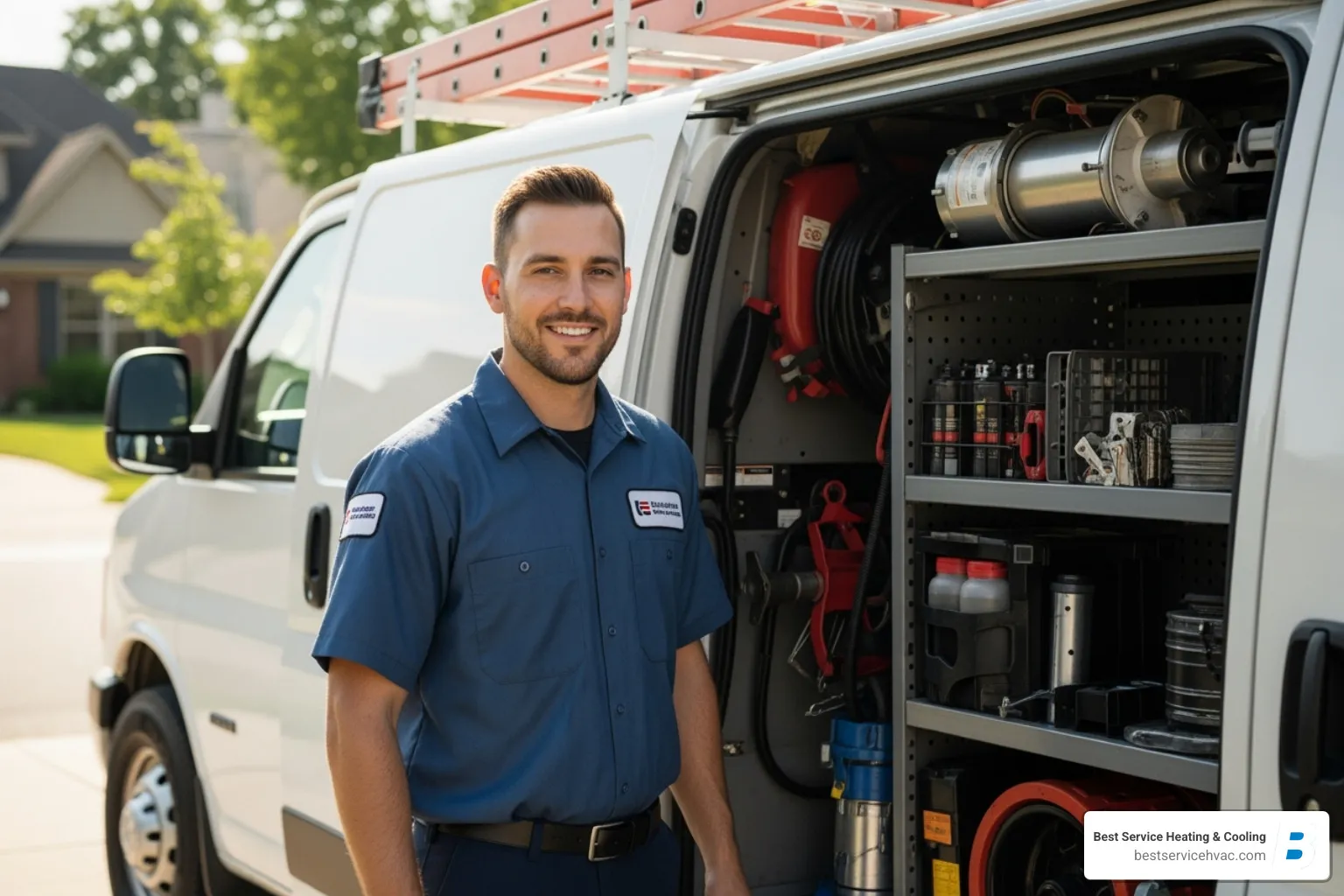 a friendly, uniformed technician with a well-stocked van - central ohio heat pump repair near me