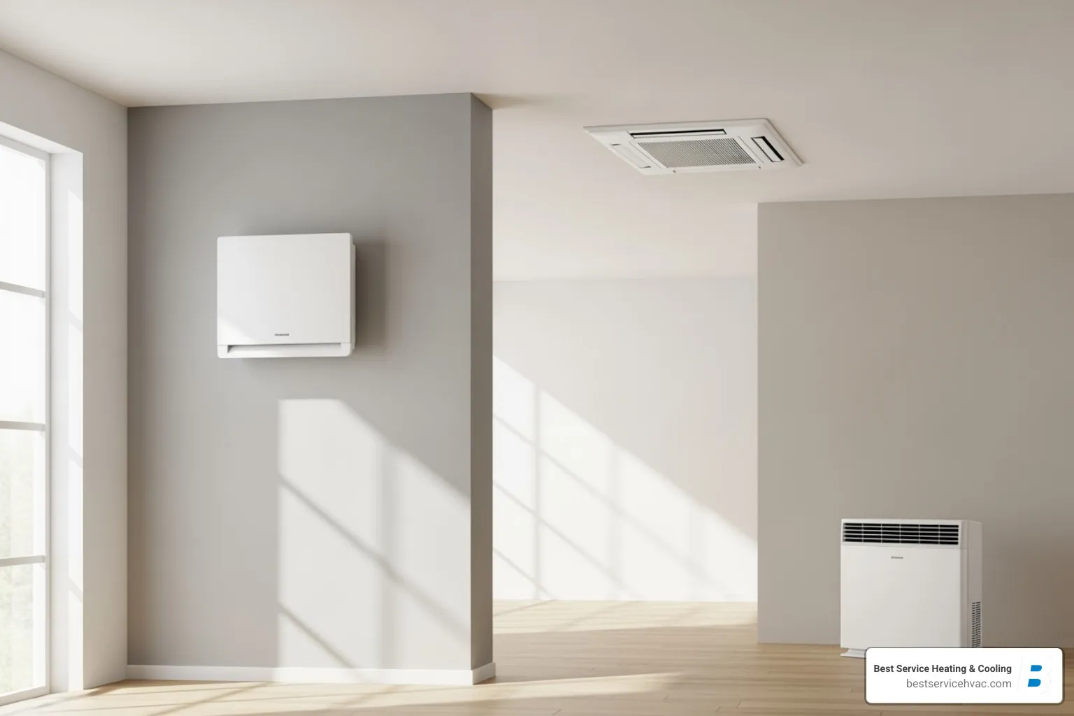 Three types of indoor ductless units: wall-mounted, ceiling cassette, and floor-mounted - bexley ductless system installation