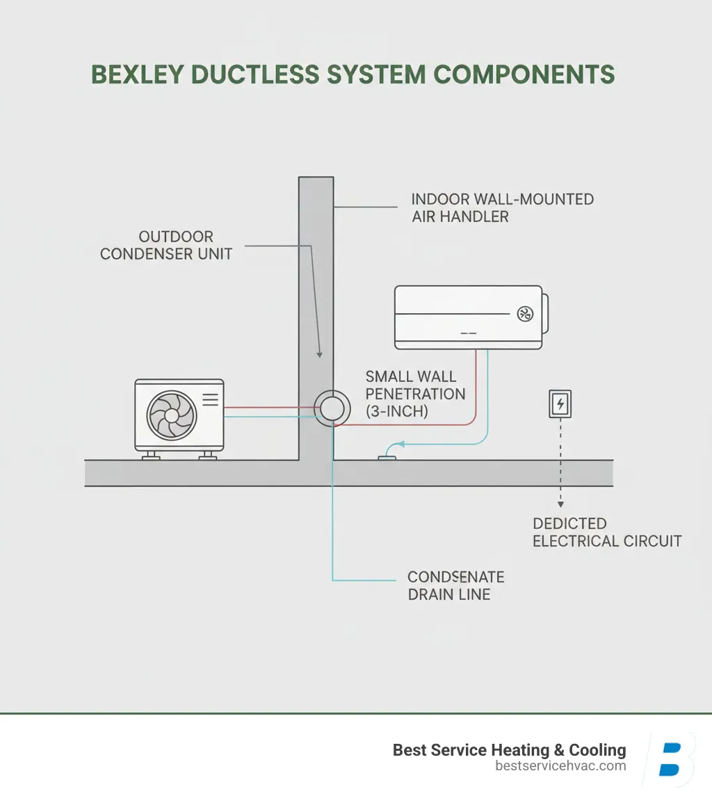 Infographic showing ductless mini-split system components: outdoor condenser unit connected via refrigerant lines through small wall penetration to indoor wall-mounted air handler, with labels for each component and installation requirements including electrical circuit and condensate drain - bexley ductless system installation infographic 