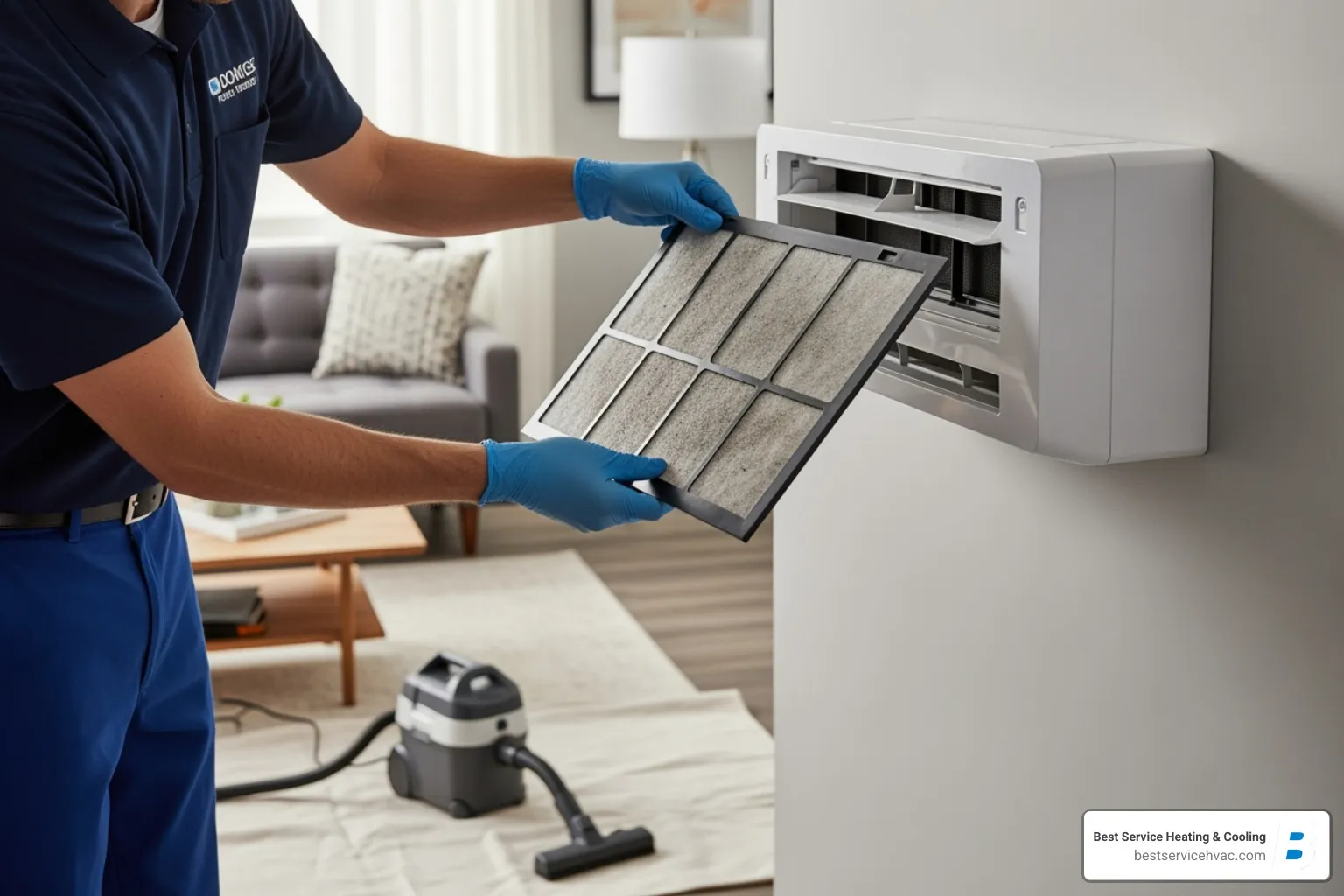 Technician cleaning the filter of an indoor ductless unit - bexley ductless system installation