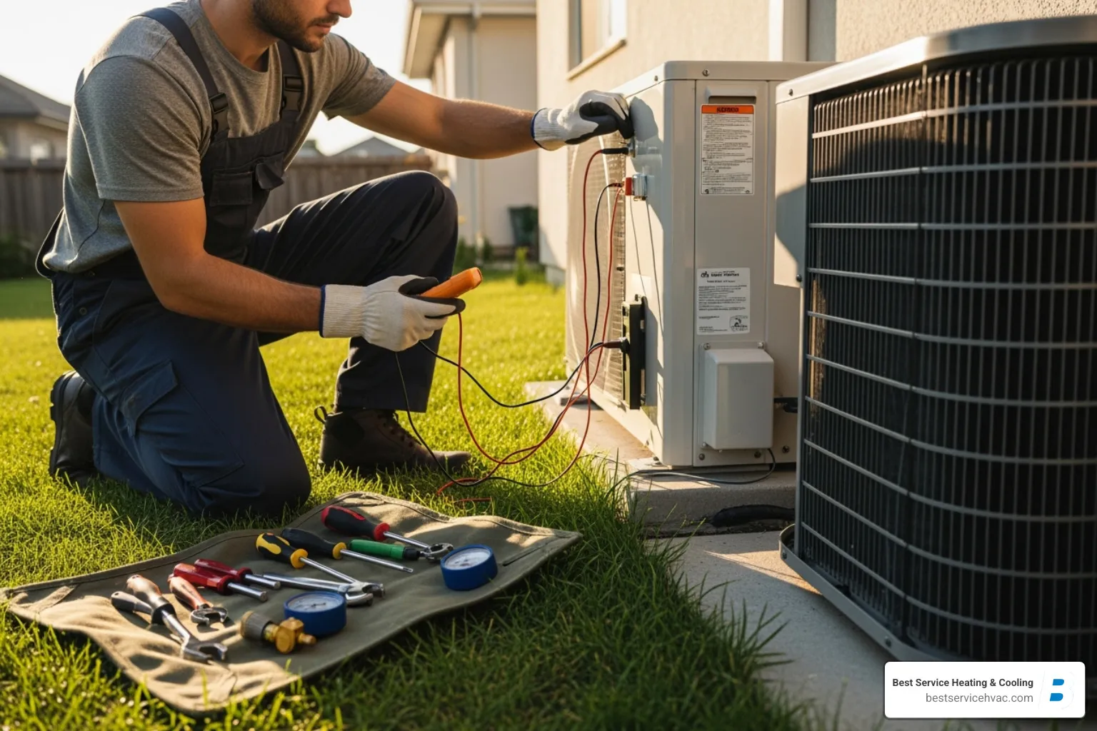 A skilled technician in uniform, wearing gloves, carefully inspecting the outdoor condenser unit of an air conditioner, with tools laid out nearby - ac repair columbus oh