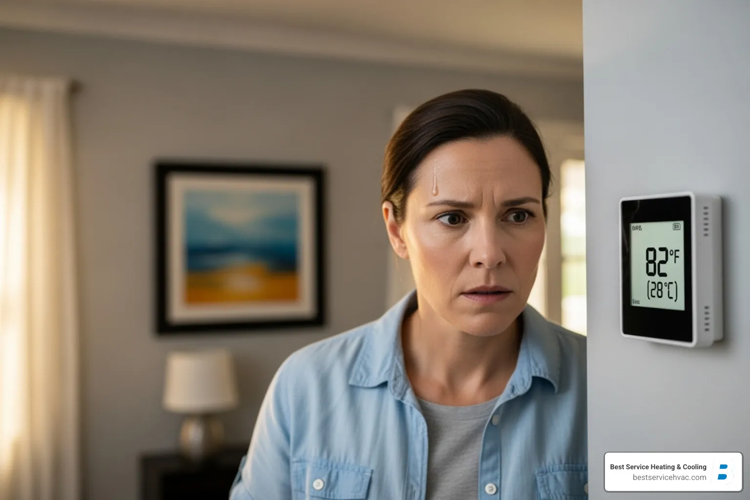 A concerned homeowner looking at their thermostat, which displays a high indoor temperature, while a drop of sweat rolls down their face - ac repair columbus oh