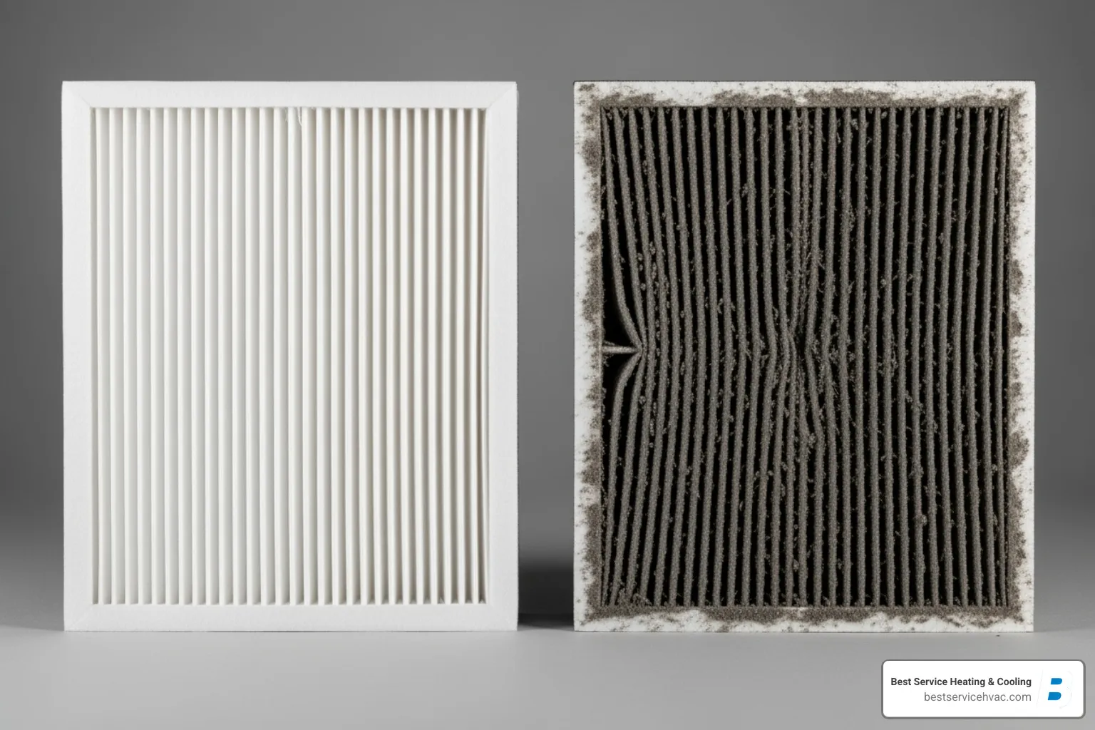 A side-by-side comparison of a new, clean air filter next to a heavily soiled, clogged air filter, highlighting the importance of regular filter replacement - ac repair columbus oh