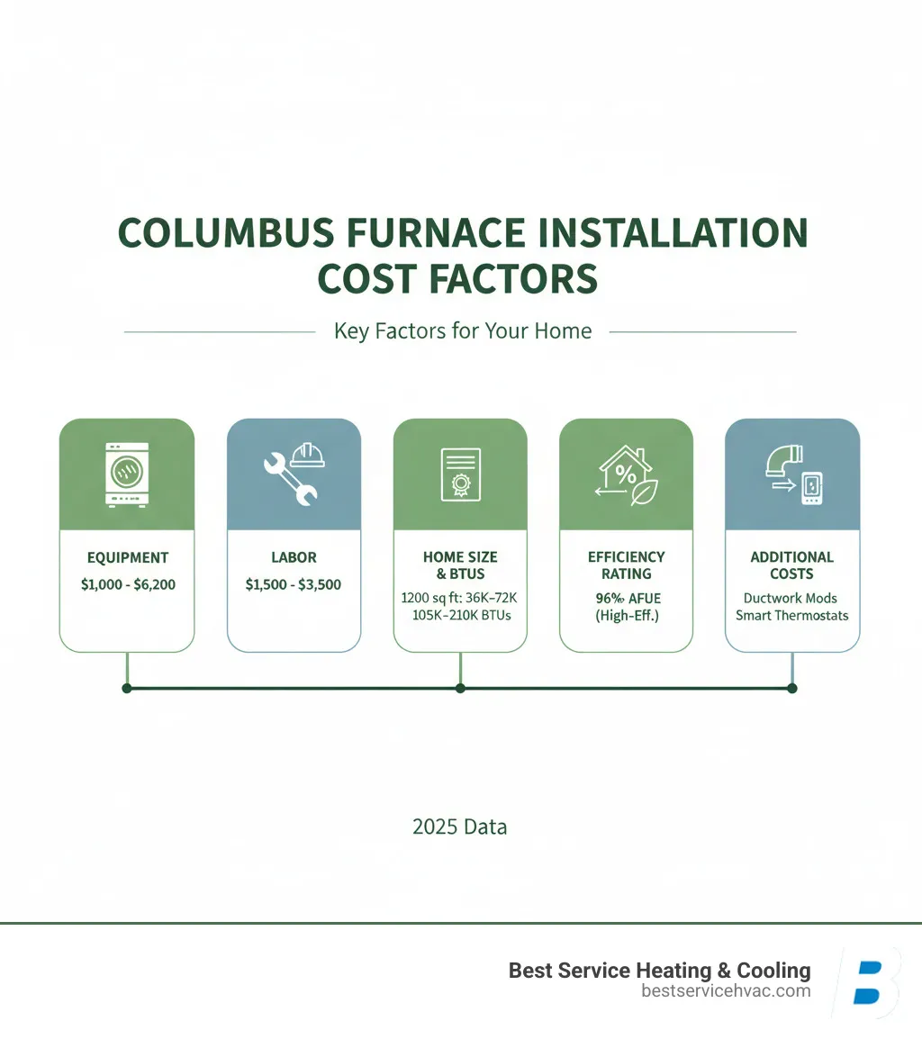 Infographic showing the main cost factors for furnace installation in Columbus including equipment costs ranging from $1,000-$6,200, labor costs of $1,500-$3,500, permit fees of $130-$250, home size requirements from 1,200 sq ft needing 36,000-72,000 BTUs to 3,500 sq ft needing 105,000-210,000 BTUs, efficiency ratings from 80% AFUE standard to 96%+ AFUE high-efficiency, and additional costs for ductwork modifications and smart thermostats - columbus furnace installation cost infographic 