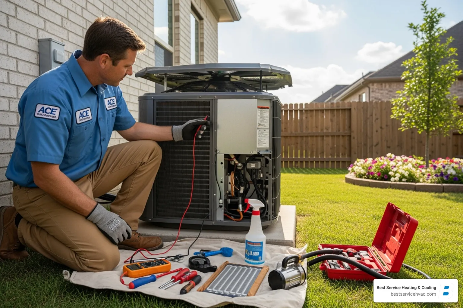 A professional HVAC technician servicing an outdoor AC unit - ac tune up columbus oh