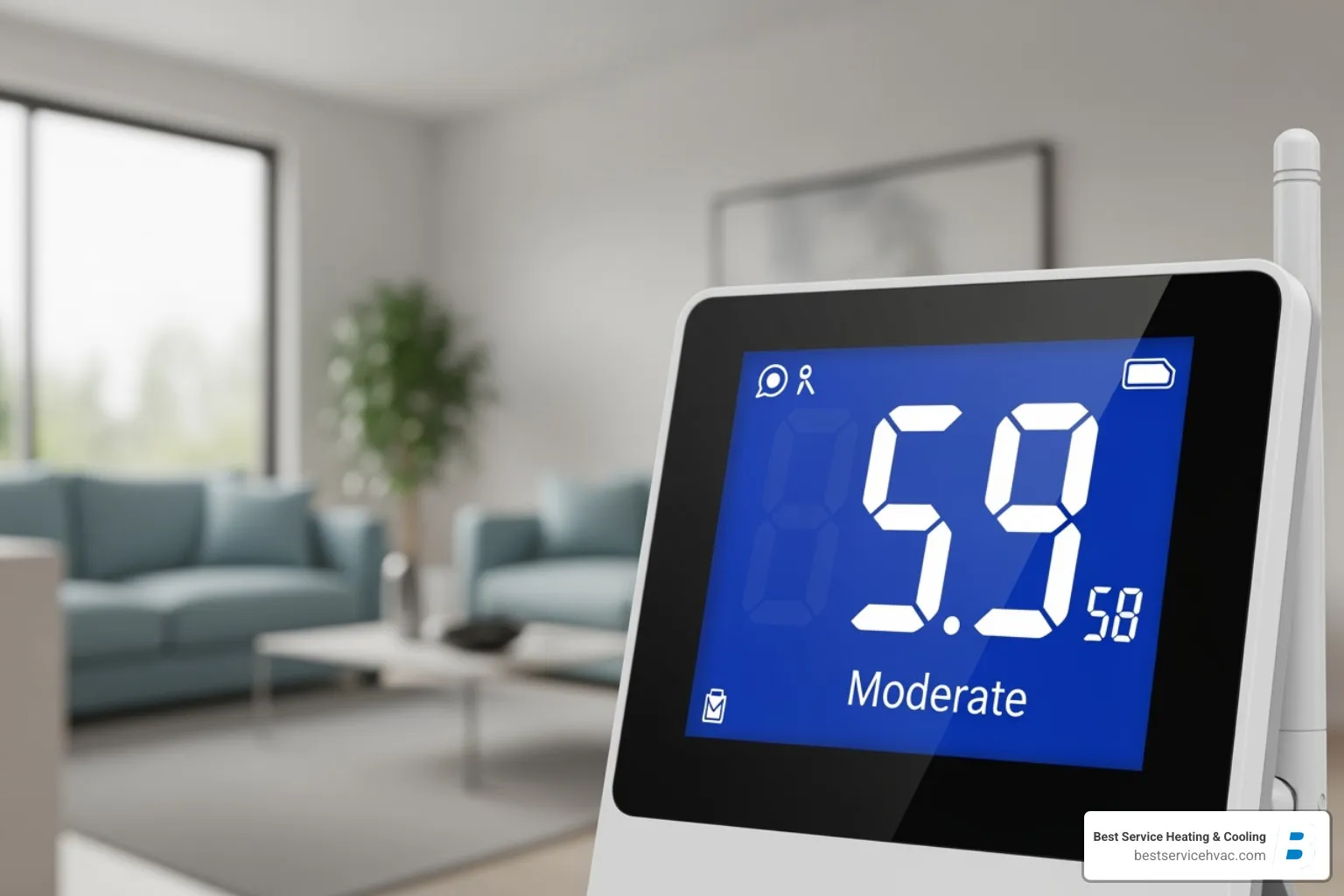 digital gauge showing an AQI of 59, labeled 'Moderate' - air quality monitor reynoldsburg