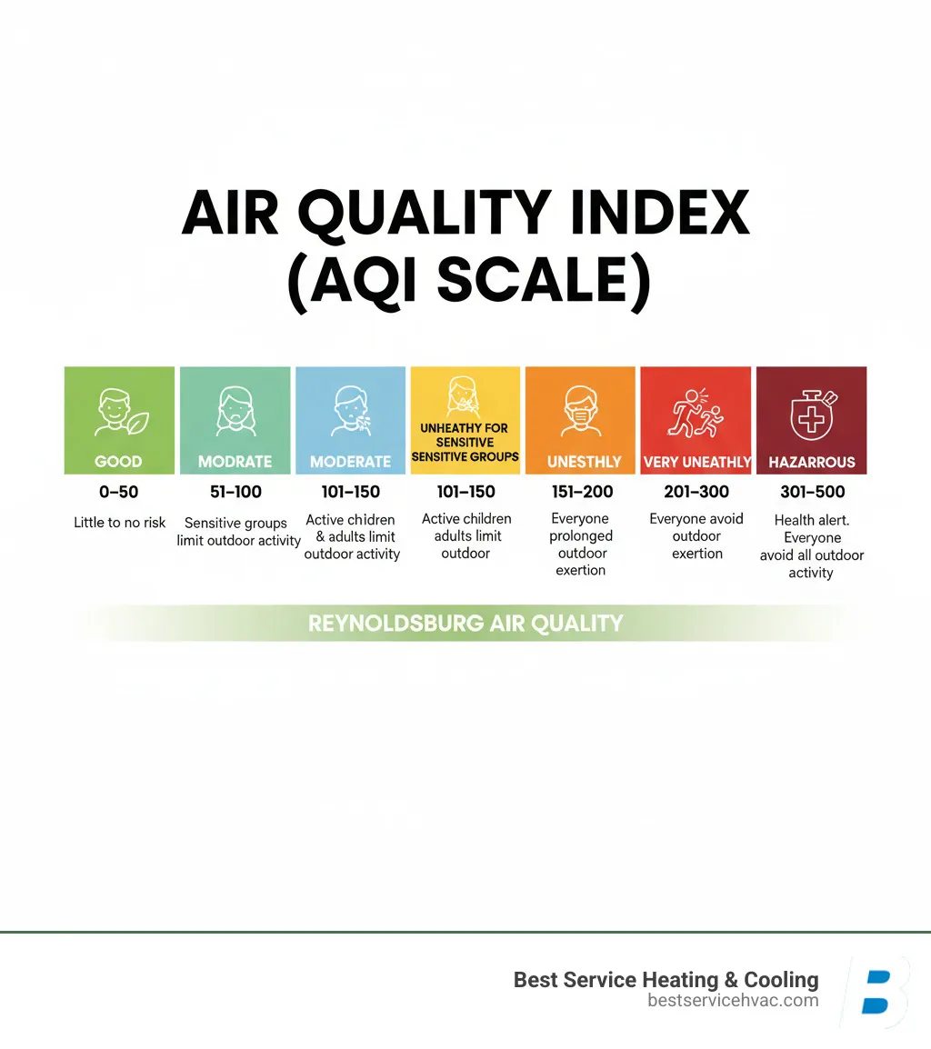 Infographic explaining the Air Quality Index (AQI) scale from Good (0-50) to Hazardous (301-500) with corresponding colors and health advisories - air quality monitor reynoldsburg infographic 