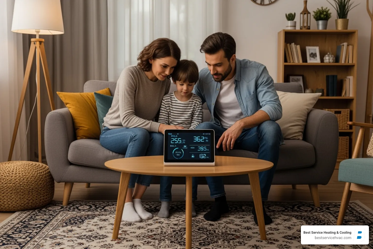 family looking at an indoor air quality monitor's display in their living room - air quality monitor reynoldsburg