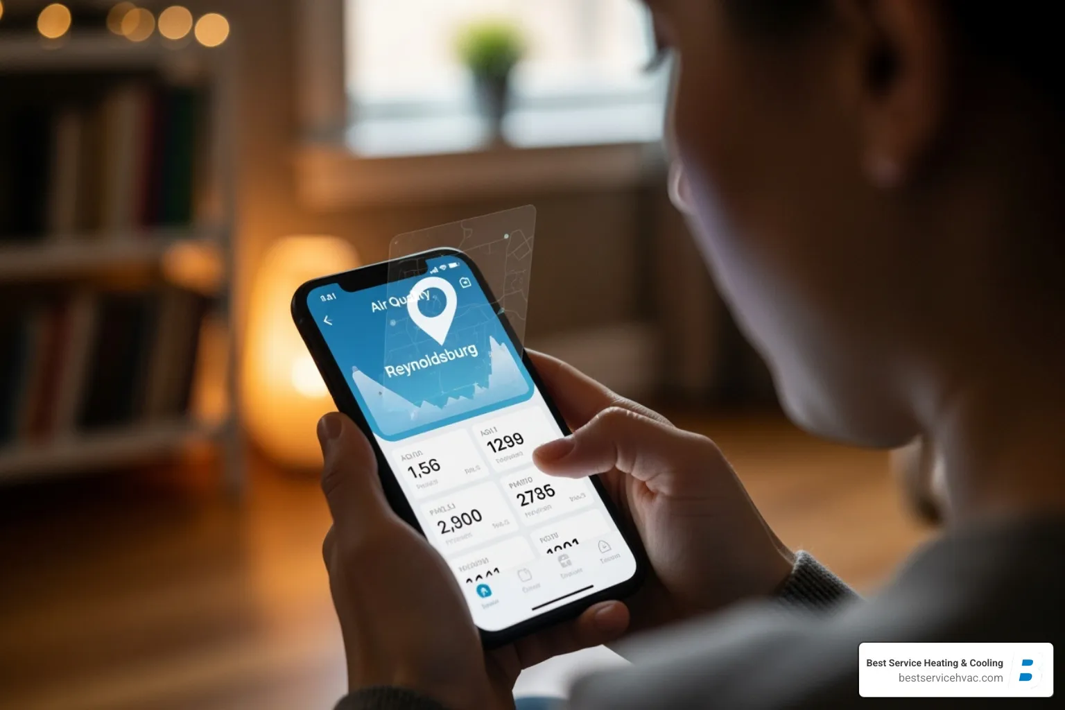 person checking air quality on their smartphone with a Reynoldsburg location pin - air quality monitor reynoldsburg