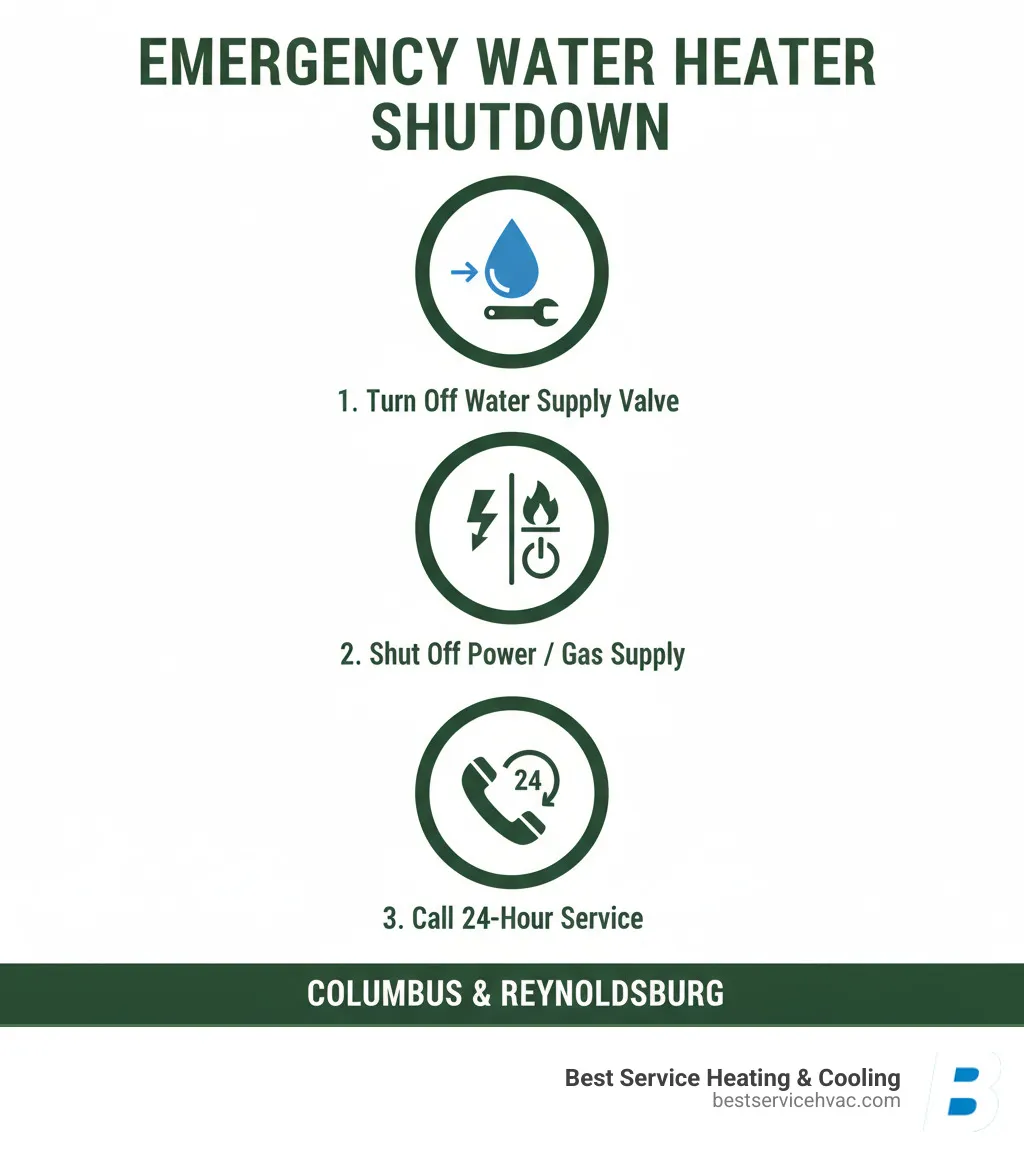 Emergency water heater shutdown steps infographic showing three critical actions: 1. Locate and turn off the water supply valve at the top of the tank, 2. Shut off power at the circuit breaker for electric units or turn off gas supply for gas units, 3. Call a licensed 24-hour water heater service immediately - 24 hour water heater service columbus infographic 