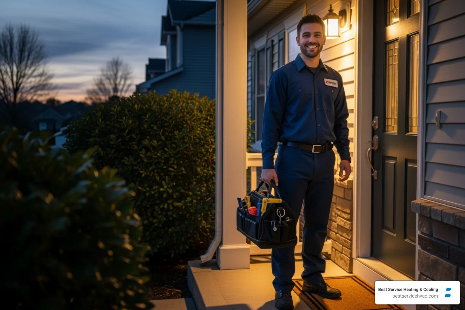 A friendly, uniformed technician with a toolbag arriving at a residential front door at dusk. - 24 hour water heater service columbus