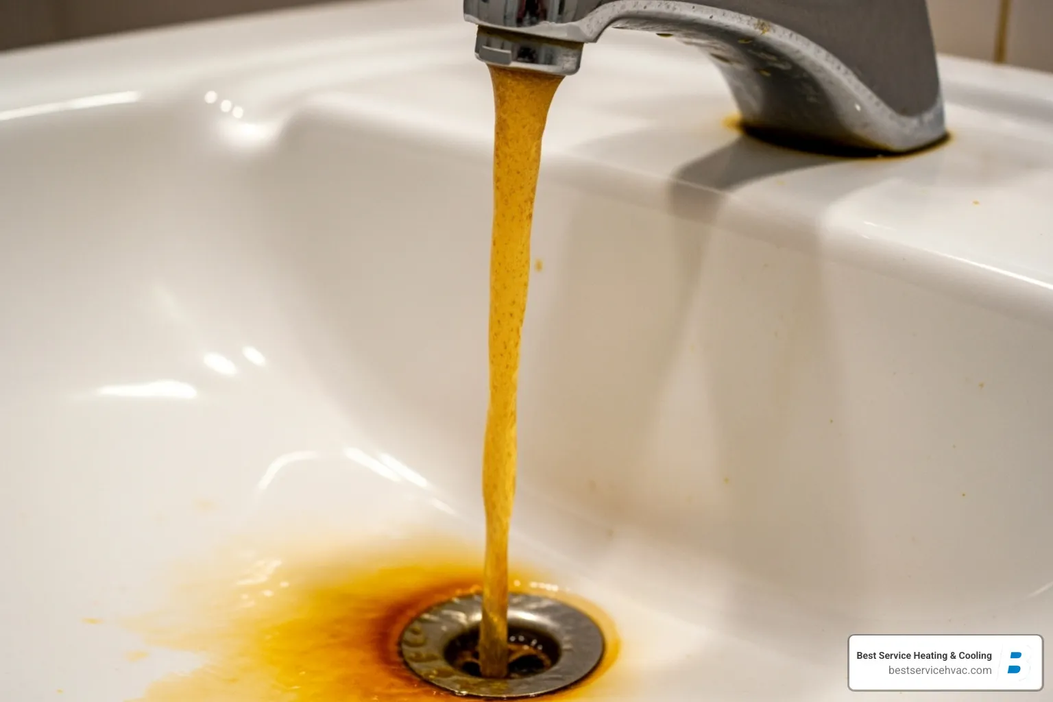 Discolored, rusty water coming out of a bathroom faucet into a white sink. - 24 hour water heater service columbus