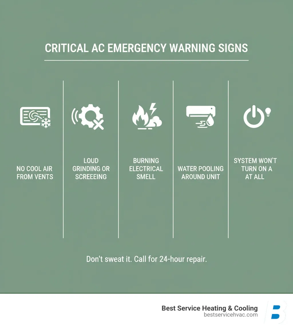 Infographic showing 5 critical AC emergency warning signs: no cool air blowing from vents, loud grinding or screeching noises, burning electrical smell, water pooling around unit, and system won't turn on at all - 24 hour ac repair columbus oh infographic 