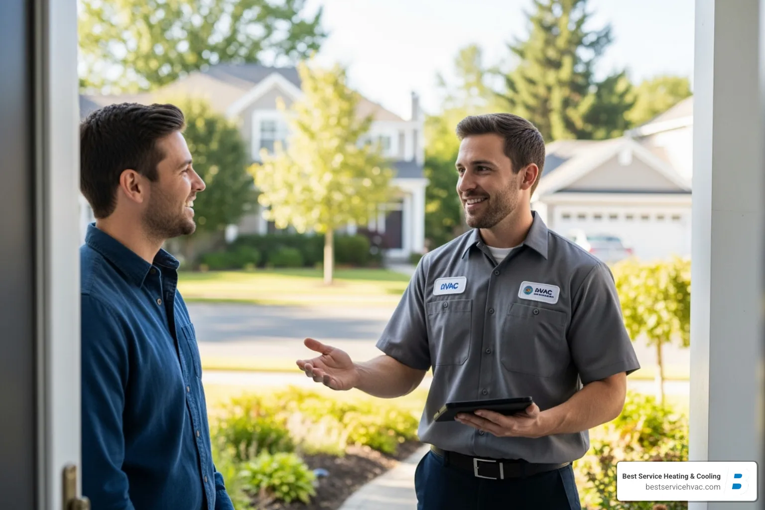 friendly technician speaking with a homeowner at their door - 24 hour ac repair columbus oh