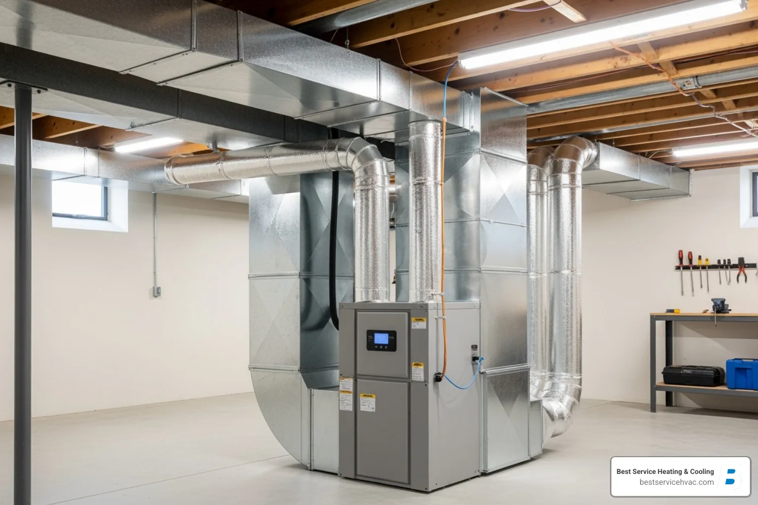 A clean, efficient HVAC unit with clear, well-maintained ductwork shown in a well-lit basement environment - air duct cleaning reynoldsburg oh