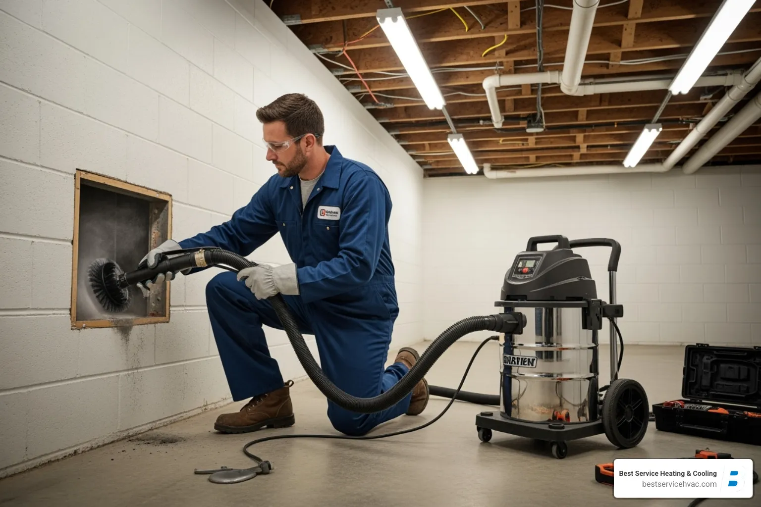 A professional HVAC technician using specialized vacuum and brush equipment to clean air ducts in a residential home - air duct cleaning reynoldsburg oh