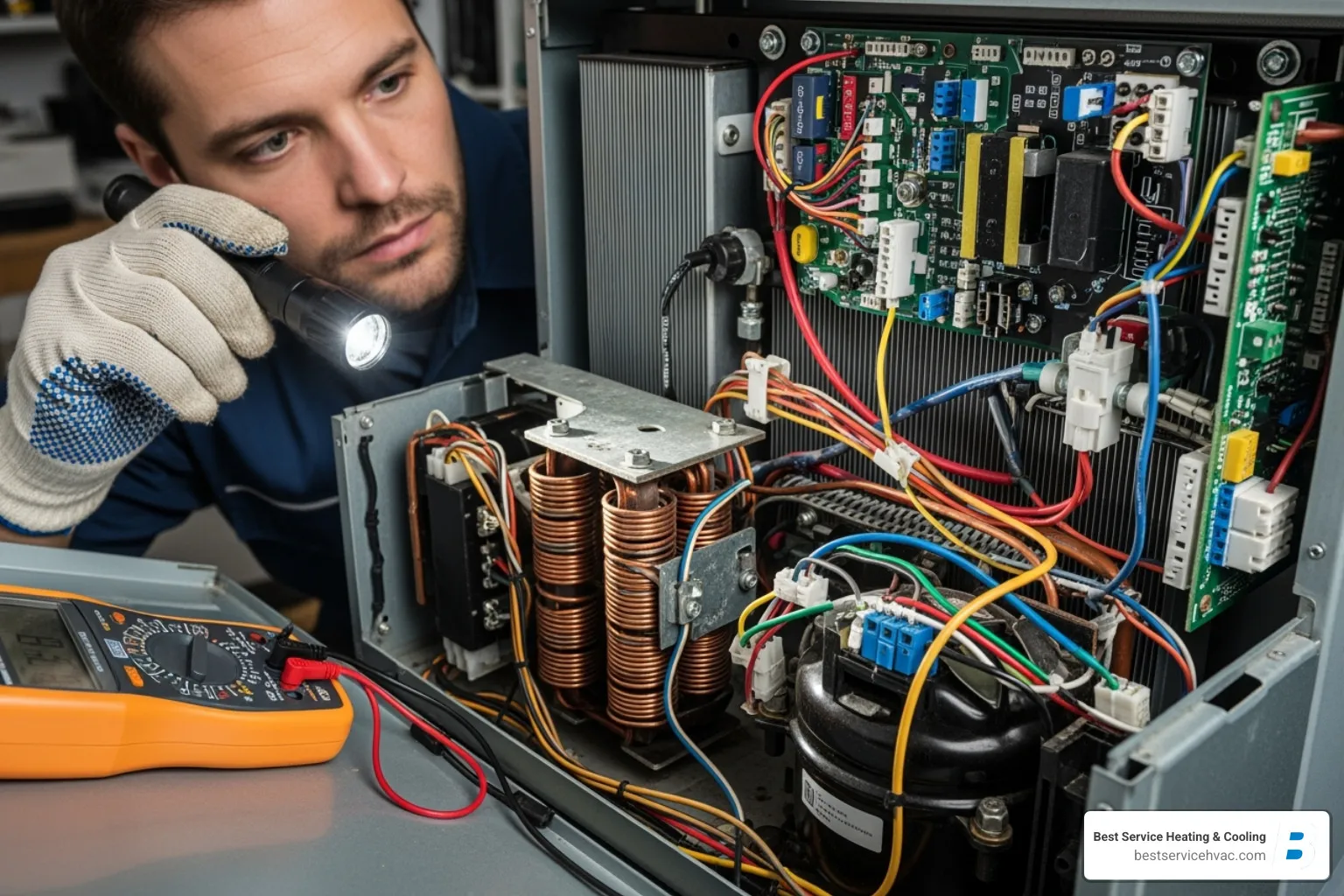 A technician inspecting the intricate internal components and wiring of a heat pump unit - bexley heat pump repair
