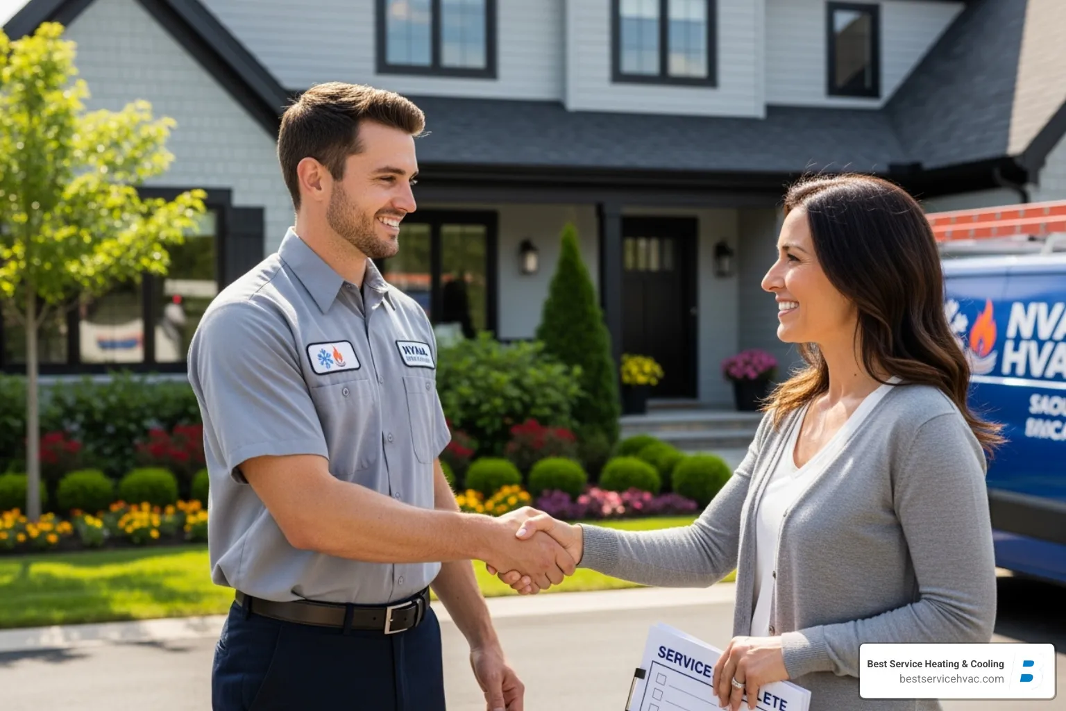 A technician shaking hands with a homeowner in front of a well-maintained home, symbolizing trust and quality service - bexley heat pump repair