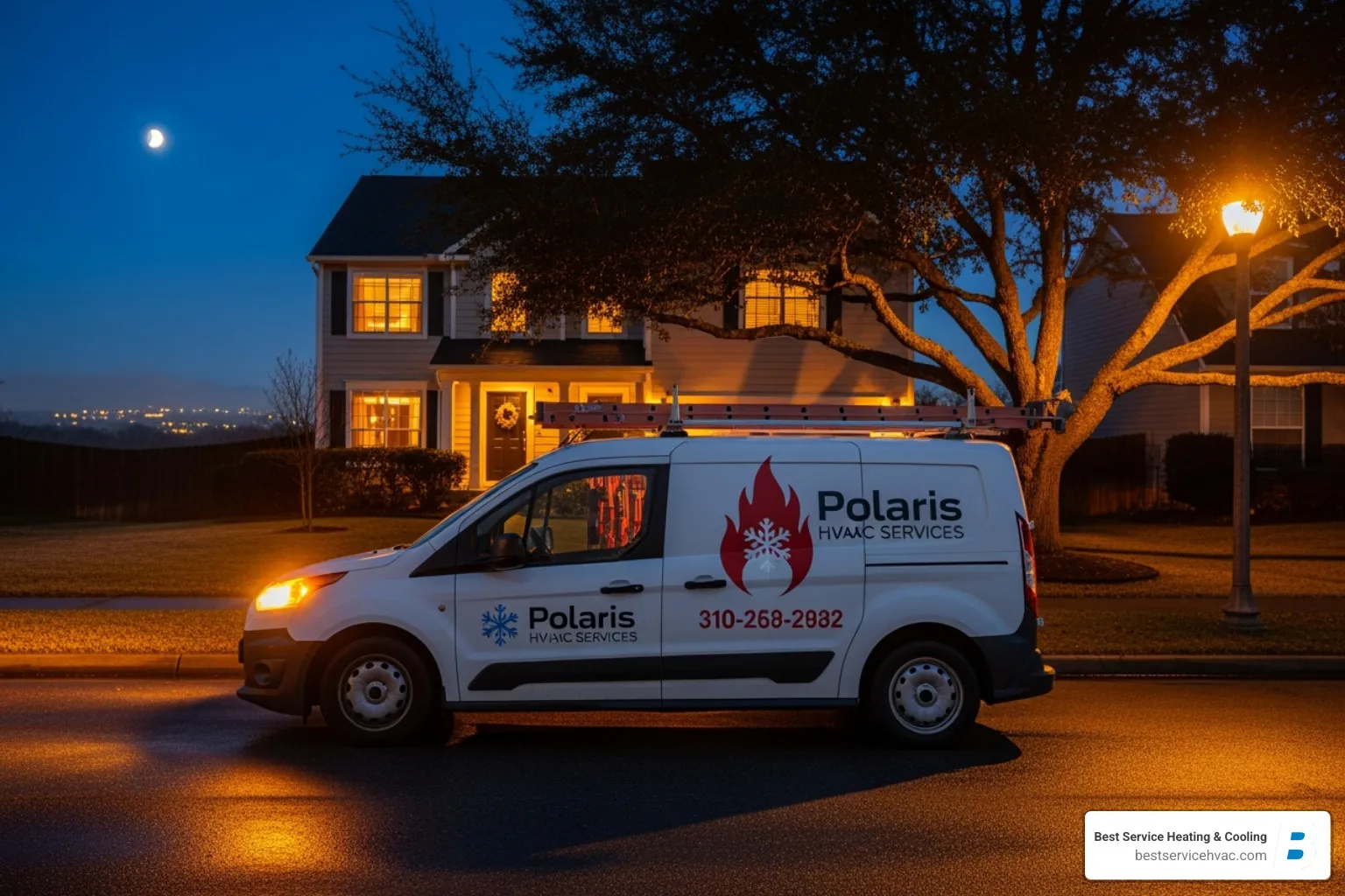 A service van with company logo parked outside a home at night, ready for an emergency call - bexley heat pump repair