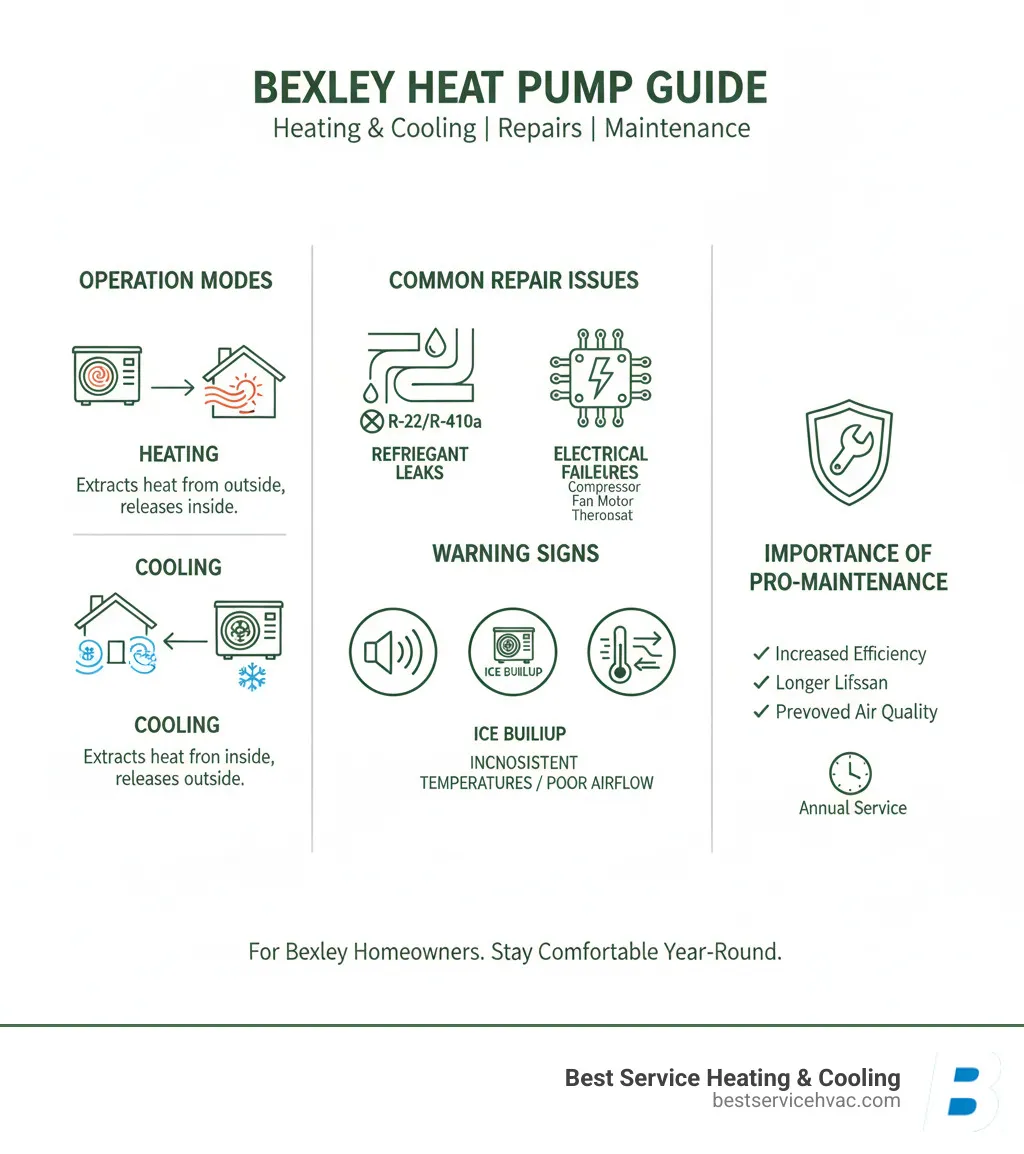 Comprehensive infographic showing heat pump operation in both heating and cooling modes, common repair issues like refrigerant leaks and electrical failures, warning signs such as strange noises and ice buildup, and the importance of professional maintenance for Bexley homeowners - bexley heat pump repair infographic 