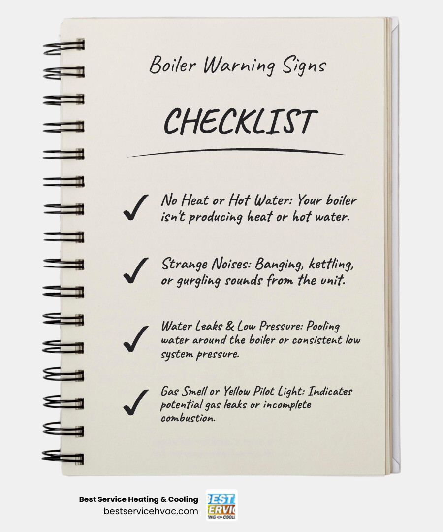 infographic showing common signs of boiler failure including strange noises like banging and kettling, no heat or hot water, water leaks around the unit, low system pressure readings, yellow pilot light instead of blue, and unusual gas or metallic smells - boiler repair in columbus oh infographic checklist-notebook