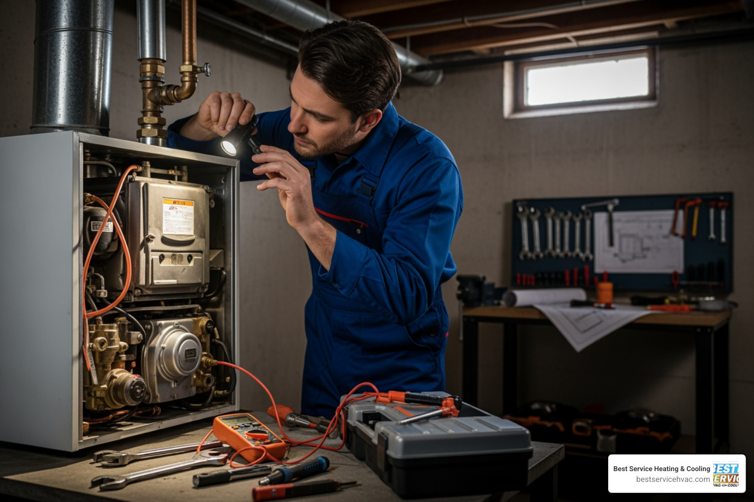 infographic showing common boiler warning signs including no heat, strange noises, water leaks, pilot light issues, low pressure gauge readings, uneven room temperatures, and rising energy bills with icons for each symptom - boiler repair companies in columbus, oh