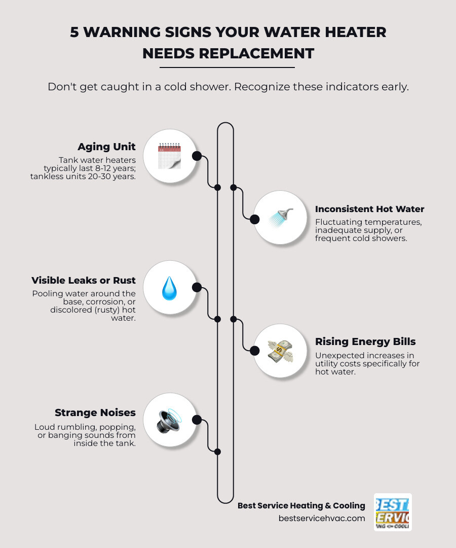 Infographic showing five warning signs your water heater needs replacement: 1) Unit age exceeding 10 years, 2) Rusty or discolored water from hot taps, 3) Visible leaks or moisture around base, 4) Inconsistent water temperature or inadequate supply, 5) Strange noises like rumbling or popping sounds - water heater replacement in columbus oh infographic infographic-line-5-steps-elegant_beige