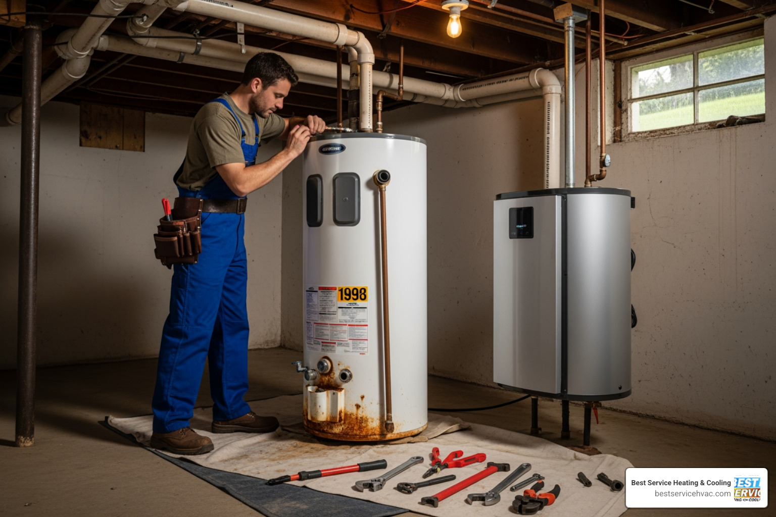 Infographic showing the 5 warning signs your water heater needs replacement: inconsistent water temperature, visible leaks or rust, strange banging or rumbling noises, water heater age over 10 years, and sudden spikes in utility bills - best water heater replacement in columbus, oh